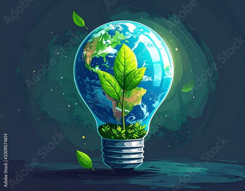 Light bulb illustration with Earth inside and green leaf symbolizing sustainability for Earth Hour event on dark background
