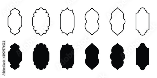 фотографія Set of black color arab islamic frames, oriental arabesque windows or doors arch for arabic decoration