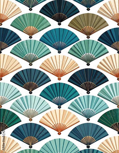 A colorful pattern of various fans arranged in rows on white