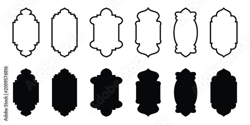 A collection of black silhouette islamic arch shapes decorative architectural elements for mosque palace or other building design. Vector illustration. EPS10.
