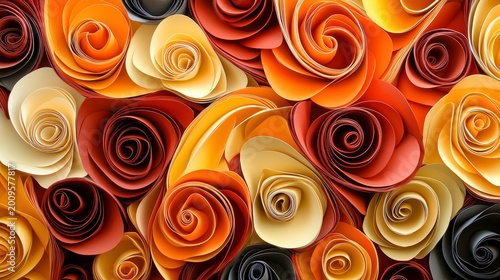 Abstract Paper Art Background with Vibrant Rolled Roses in Warm Tones