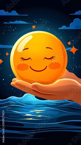 Peaceful Night Dream: Hand Holding Happy Sleeping Sun Emoji Illustration