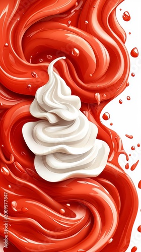 Dynamic Red Swirls with Whipped Cream - Abstract Food Illustration