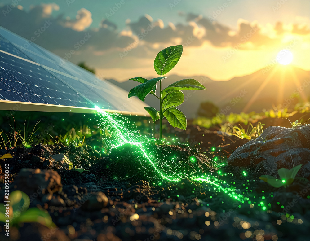 Fototapeta premium Solar panel and young plant with glowing green energy trail in soil at sunset