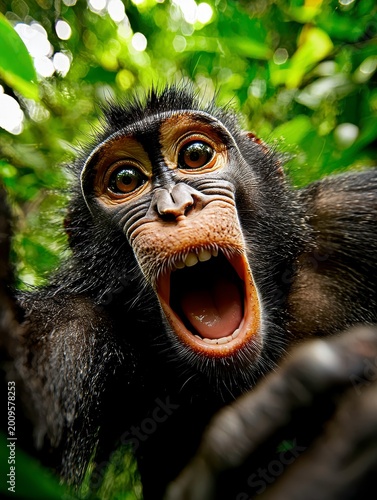 Close-up of Screaming Monkey with Wide Open Mouth in Jungle