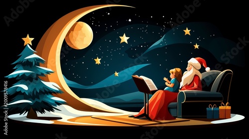 Magical Christmas Storytime Illustration with Santa Claus and Child