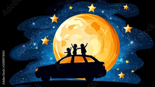 Children Stargazing from Car Roof at Full Moon Night Sky Illustration