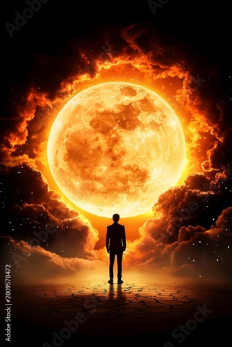 Silhouette of Man Facing Giant Fiery Moon in Dramatic Sky