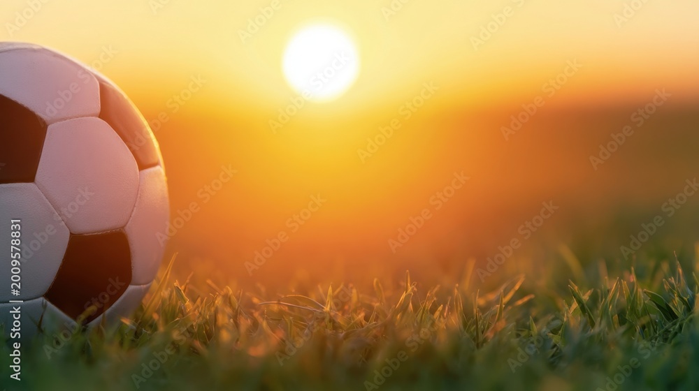 Fototapeta premium Close-Up Shot of a Soccer Ball on Grass with a Beautiful Sunset in the Background and Warm Color Tones Illuminating the Scene