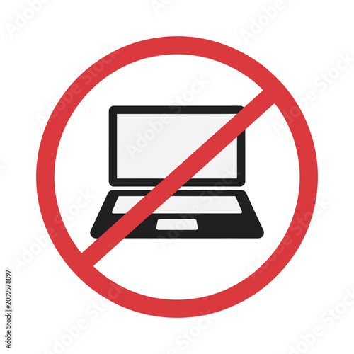 Obraz na płótnie Computer work prohibited sign vector illustration featuring no laptop symbol for warning notices, office rules, and restriction signage