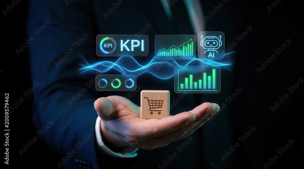 Fototapeta premium AI ecommerce analytics dashboard featuring a wooden shopping cart block and KPI widgets.