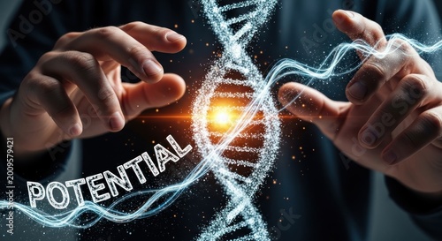 Scientist hands manipulating glowing digital dna helix structure with word potential, for human growth, genetic research, biological innovation, future medical breakthroughs