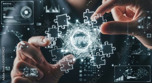 Person assembling digital puzzle with vpn center, for secure network connectivity, data protection, cybersecurity solutions, integration virtual private networks