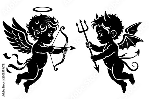 Fotografie Elegant high-contrast black vector silhouette illustration of a flying baby angel (Cupid) with a bow and arrow, facing a flying baby devil with a trident, horn, wings, and tail