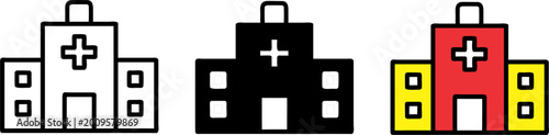 Set of 3 Hospital Building Icons - Medical Center and Clinic Symbols in Outline Solid and Red Yellow Styles - Vector