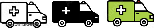 Set of 3 Ambulance Icons - Emergency Medical Vehicle and First Aid Symbols in Outline Solid and Green Styles - Vector