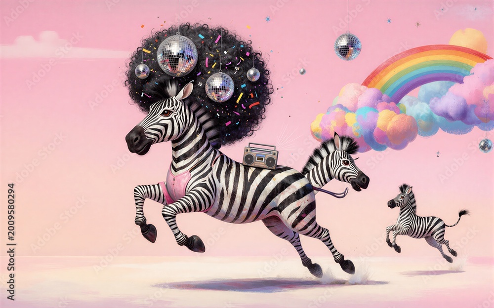 Fototapeta premium Zebra with afro and boombox dances under rainbow disco balls float in