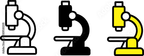 Set of 3 Microscope Icons - Science Lab Research and Biology Symbols in Outline Solid and Yellow Styles - Vector