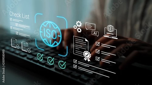 Hands Typing on Keyboard with Digital Icons Representing Checklist and ISO Certification Process for Quality Management System Gluon.