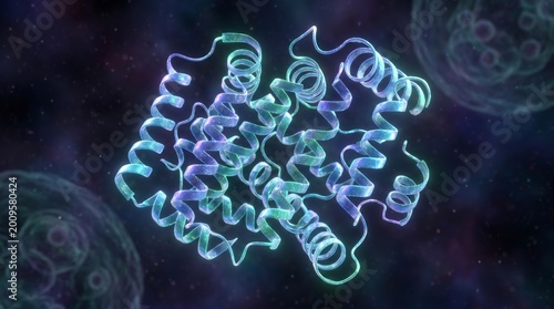 3d illustration of glowing protein folding structure in dark scientific background