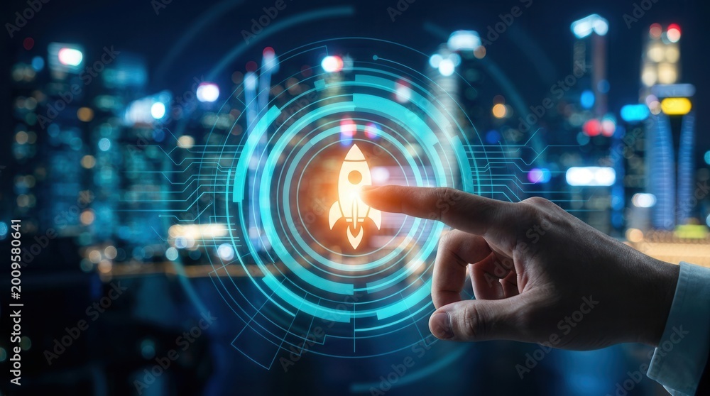 Fototapeta premium Businessman touching a rocket icon to symbolize an innovative product launch concept.