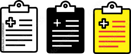 Set of 3 Medical Clipboard Icons - Patient Report and Healthcare Documentation Symbols in Outline Solid and Yellow Styles