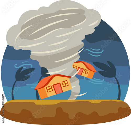 Illustration of a powerful tornado sweeping through a landscape and destroying houses.