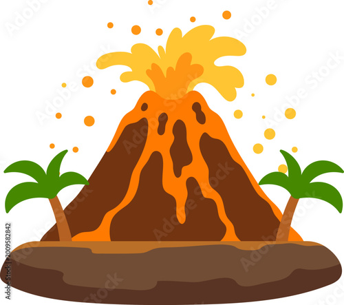 An active volcano erupting, spewing hot lava, rocks, and smoke into the air on an island.