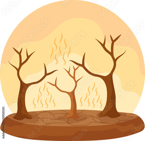A barren landscape showing severe drought with cracked earth and dead trees under a hot sun.