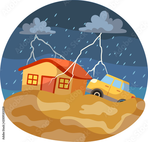 Heavy rain and storm causing a severe flood and mudslide submerging a house and car.