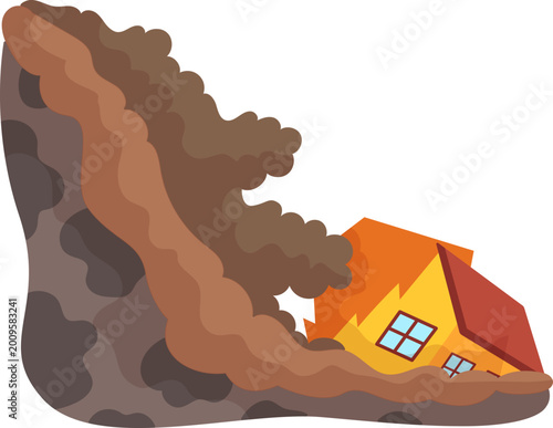A massive landslide of dirt and rocks crashing down and destroying a residential house.