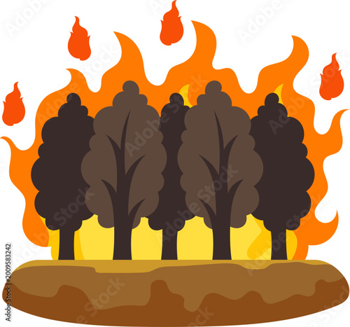 A destructive forest fire burning down trees with massive orange flames.