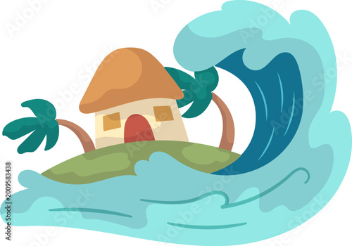 A massive tsunami ocean wave crashing onto a tropical island with a small hut.