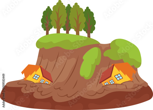 A powerful earthquake splitting the ground and causing houses to fall into the crevice.