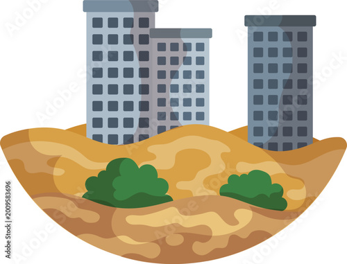 A massive desert sandstorm blowing thick dust over city buildings and landscapes.