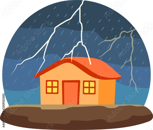 A dark, stormy night with heavy rain and dangerous lightning striking near a house.