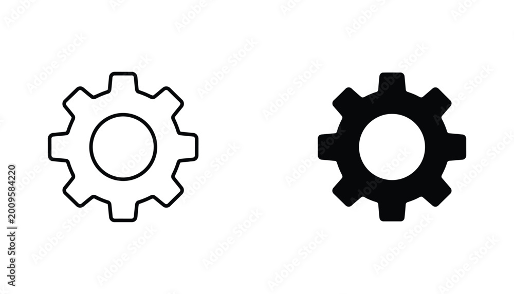 Fototapeta premium Mechanical gear cogwheel icon in minimalist line art and solid black silhouette for engineering
