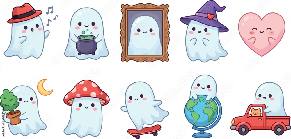 Fototapeta premium Cute little ghost characters vector illustration set featuring Halloween magic travel and daily hobbies.