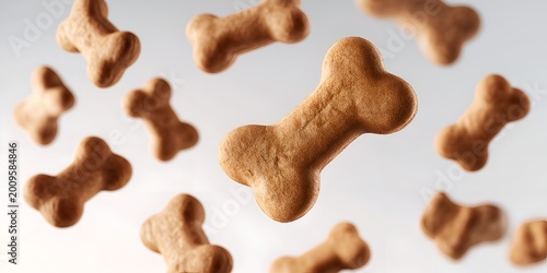 A delightful array of dog treats shaped like bones, floating in the air, emphasizing the joy of pet care and healthy snacks for furry friends.