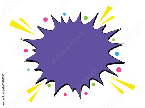 Vibrant purple comic book style explosion speech bubble with colorful dots and yellow rays.