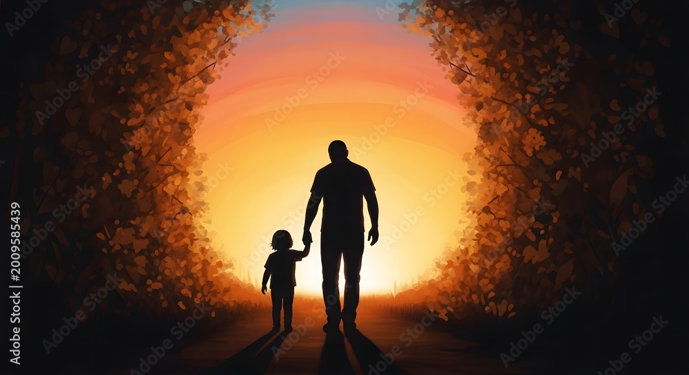 Fototapeta premium Father and son silhouette a journey towards a bright future