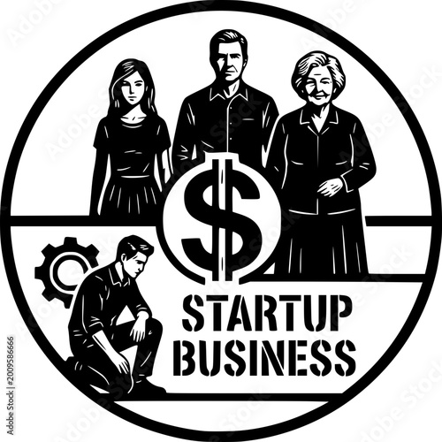 Startup Business Vision: A monochrome icon portraying a startup business vision with symbol dollar, gear, diverse people representing a family, encapsulating the essence of innovation, investment.