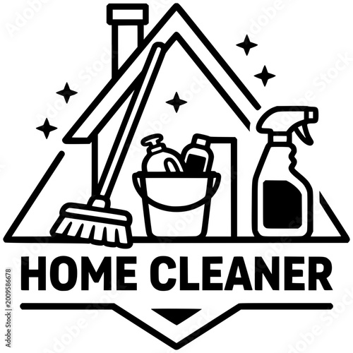 Home Cleaner Emblem: A stylized emblem featuring a house outline with a broom, bucket of cleaning supplies, and spray bottle, symbolizing professional home cleaning services.