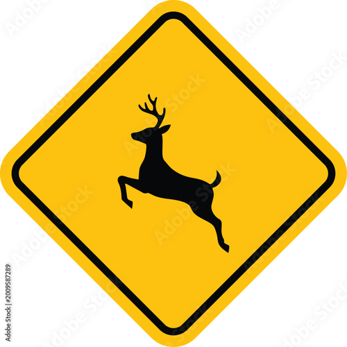 Yellow deer crossing road sign vector, jumping buck silhouette on diamond warning board, wildlife traffic safety alert icon