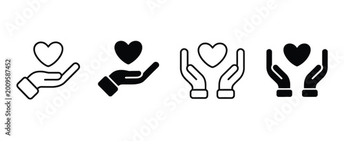 Canvas-taulu Hands holding heart icon vector set featuring love, healthcare, and donation symbols in flat and line style for medical aid design