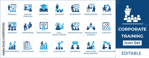 Corporate training icon set featuring professional development, e-learning, leadership coaching, career growth, employee onboarding, mentorship, and seminar presentation symbols.