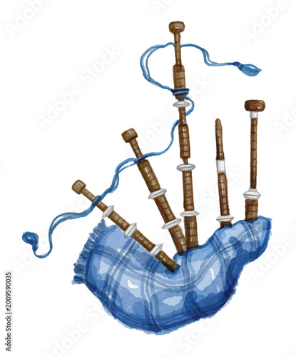 Fotografie Watercolor blue bagpipe isolated on white background