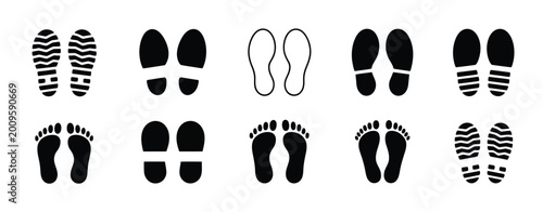 Tableau sur toile Footprint silhouette vector collection including sneaker, boot, barefoot, and high heel tracks for human steps and movement design elements