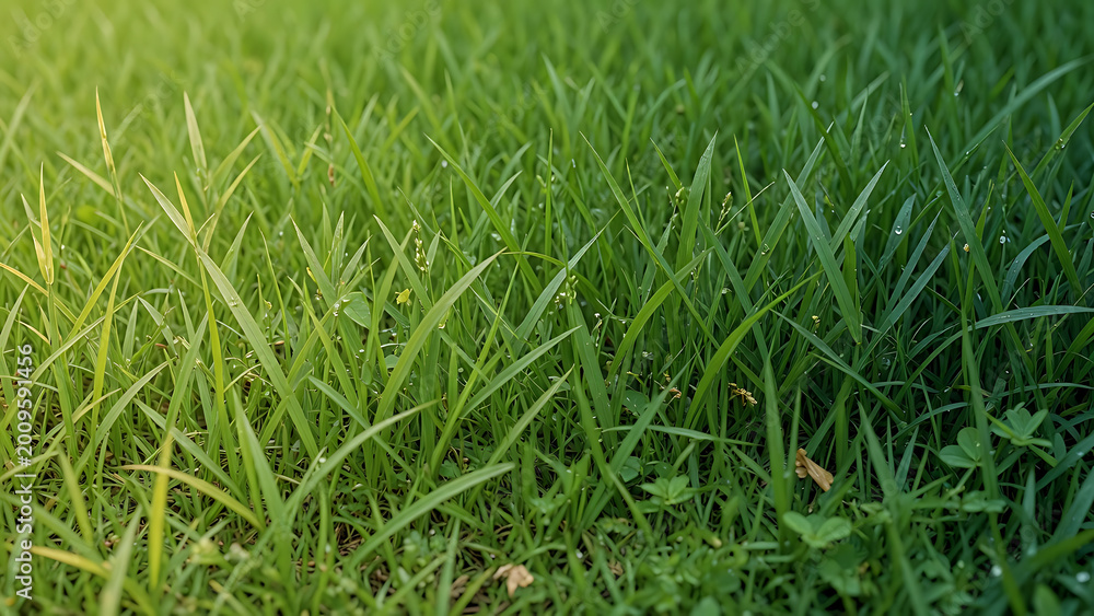 Fototapeta premium Vibrant Green Grass Blades Covered in Morning Dew Sunlight Glow