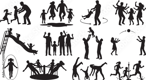 Cuadro en lienzo Set of silhouettes showing happy families and children playing together outdoors